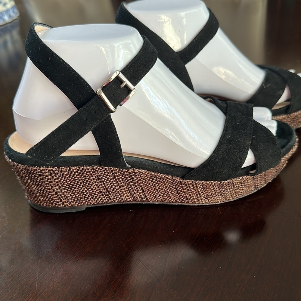 Aquatalia Platform Wedge Sandal Black Suede Woven Heel Sz 8 Quiet Luxury Classic - Picture 4 of 11